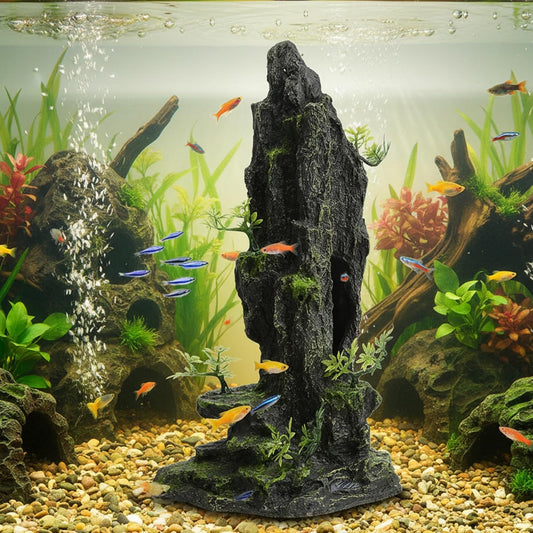 14.4" Tall Aquarium Cave Decor, Large Resin Mountain Hideout with Artificial Plants, Rock Shelter for Betta & Cichlid, Landscape Ornament for 20-40 Gallon Freshwater & Saltwater Tank
