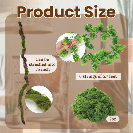 6 Pack Artificial Forest Branch Decor,75 Inch,Vines | Moss Covered Branches for Jungle Party bendable Artificial Tree Branch fake Tree Branch artificial Hanging Vines for Ceiling