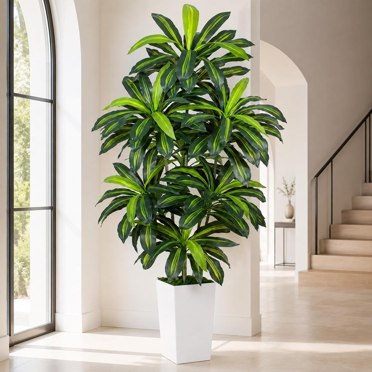 5FT Artificial Dracaena Tree - High-Density Foliage Fake Plant with White Tall Planter - Faux Yucca Floor Plant for Home Office Decor Indoor