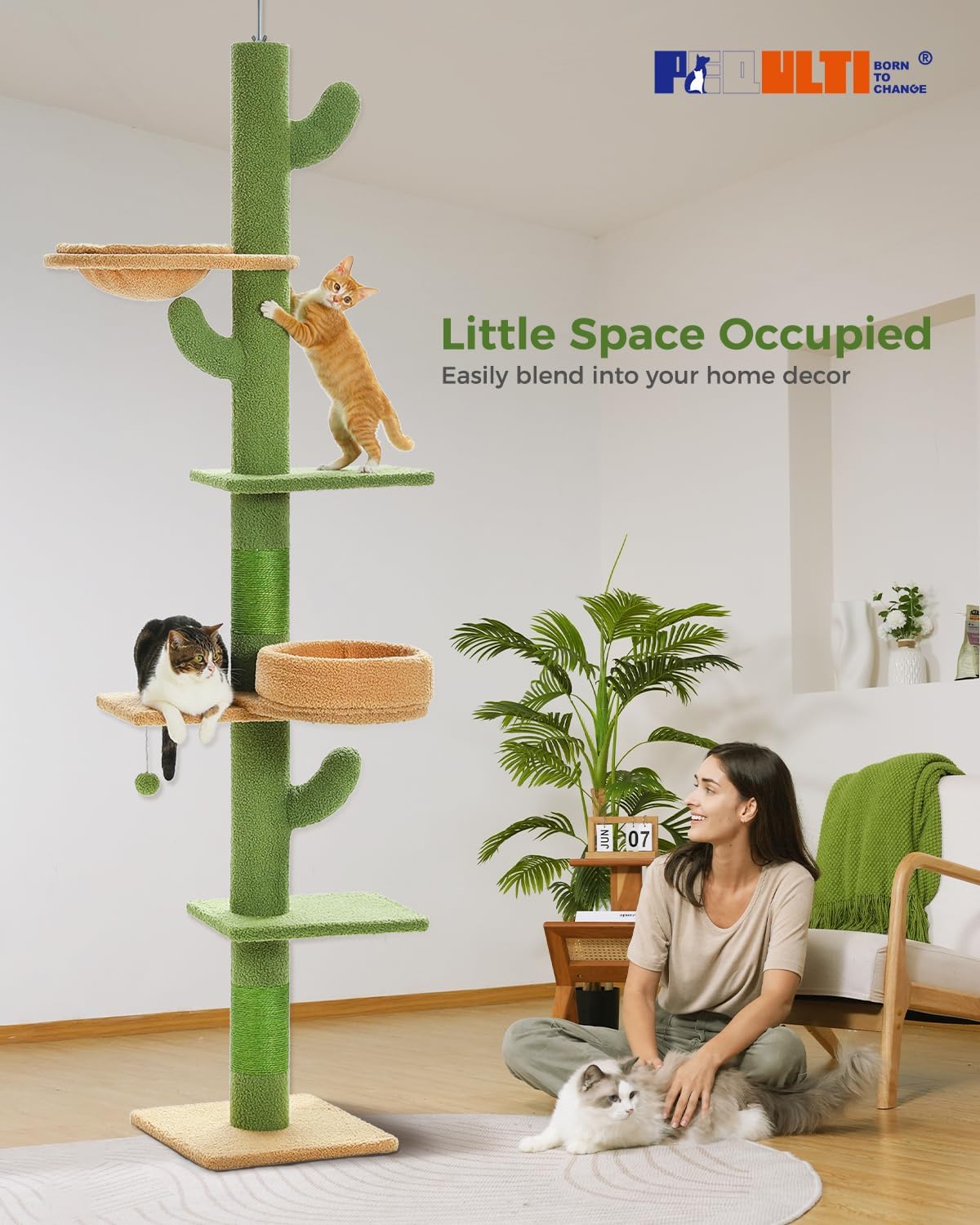 Floor to Ceiling Cat Tree, Adjustable 83-108in 5-Level Tower, Green