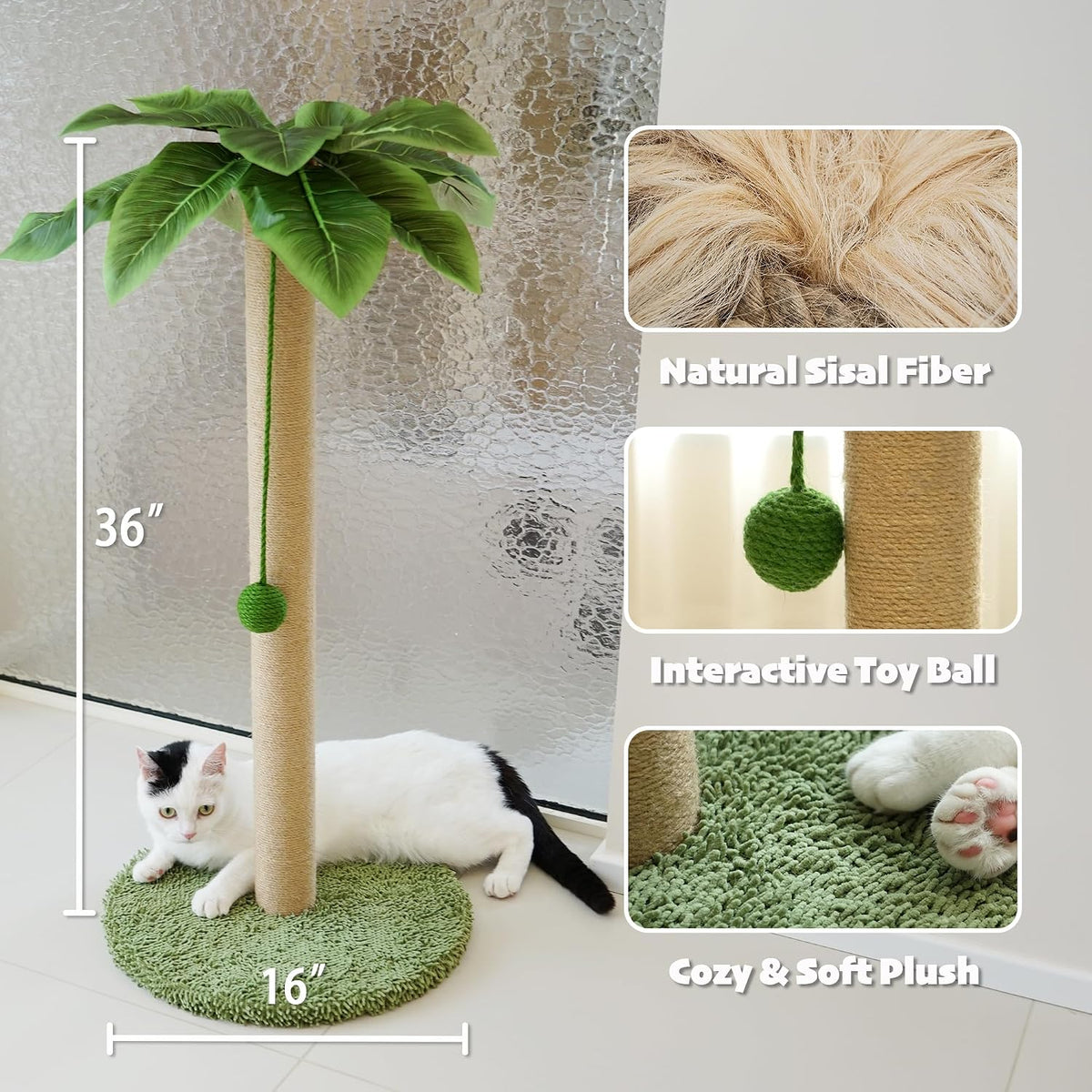 Cat Scratching Post, 36" Tall Palm Tree Cat Scratching Post, Sisal Cat Scratcher with Toy Ball for Indoor Kittens, Large Size