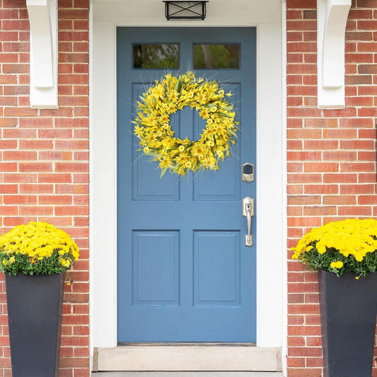 Spring Wreaths for Front Door 21 Inches Artificial Forsythia Flower Wreath Summer with Yellow Daisy Lavender Green Leaves Silk Floral for Wall Home Indoor Outdoor Decor