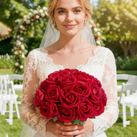 Classic Red Artificial Roses Flowers, Faux Long Stem Roses Bulky