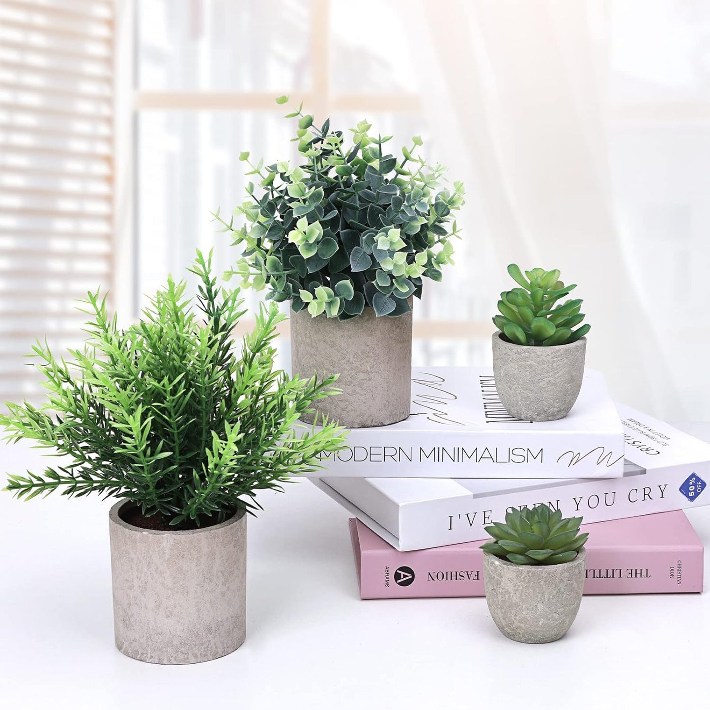 4 Pack Small Fake Plants Eucalyptus Rosemary Succulents Plants Artificial in Pots for Shelf Artificial Greenery Eucalyptus Plant Indoor for Home Bedroom Living Room Decoration