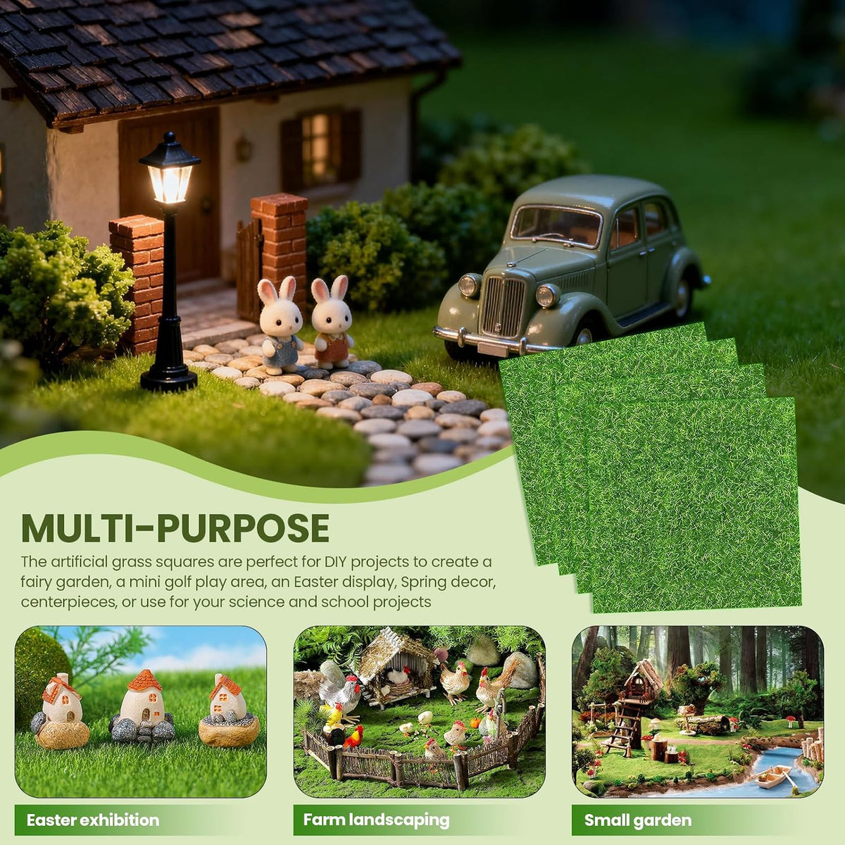 4 Packs 6x6 Inch Cuttable Artificial Grass Squares, Realistic Fake Grass Mats, Mini Craft Turf Tiles for Fairy Garden Accessories, Dollhouse Decor, DIY Craft and Diorama Supplies