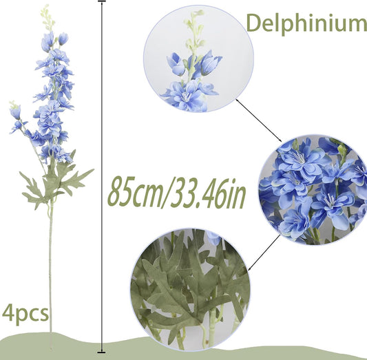 4Pcs Blue Delphinium Artificial Flowers 33.5" Silk Flowers Bulk Larkspur Artificial Flower Long Stem Fake Delphinium Plant Flower for Tall Vase Floral Arrangement Centerpiece Bouquet Home Decor