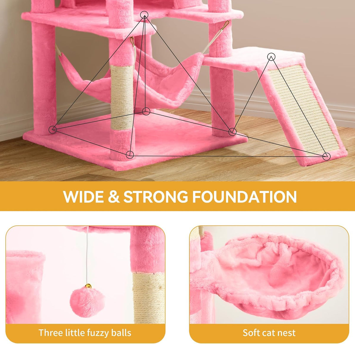 54in Cat Tree Tower Condo, Multi-Level with Sisal Scratching Post, Cat Condos, Plush Top Perches, Hammock, Space Saving Cat Condo, Dangling Ball, Pet Play House,Pet Gift, Green