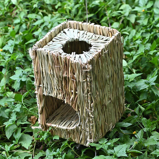 Foldable Grass Woven Animal Hut Bunny House Play Hideaway Bed Mat Chew Toy for Rabbit Guinea Pigs Gerbils Hamster (12"x8"x8")