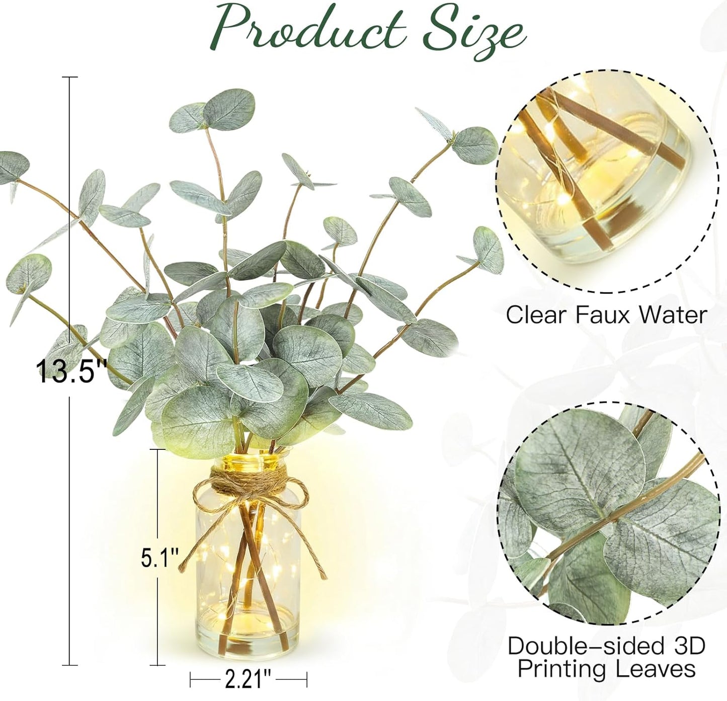 Artificial Eucalyptus Stems in Glass Vase with Faux Water, 13.5" Fake Plants for Home Decor, Coffee Table Centerpieces, Office, Bathroom & Farmhouse Weddings - Faux Greenery Plants Decorations