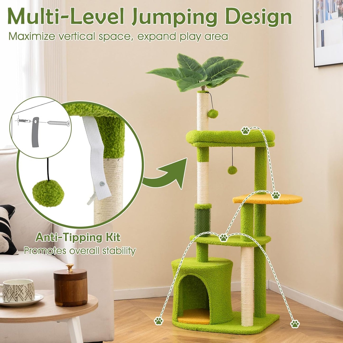 Palm Cute Cat Tree, Cat Tower with Sisal Scratching Posts, Padded Top Perch, Condo, Self Groomer, Jumping Platforms & Dangling Balls, Unique Cat Tree Tower with Green Leaves for Indoor Cats