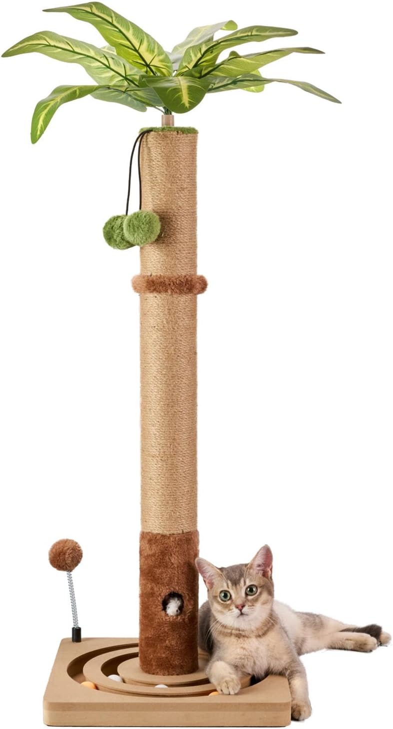 35in Tall Cat Scratching Post Sturdy and Premium Scratch Posts with Hanging Ball and Ball Track Cute Cat Tree for Indoor Cats