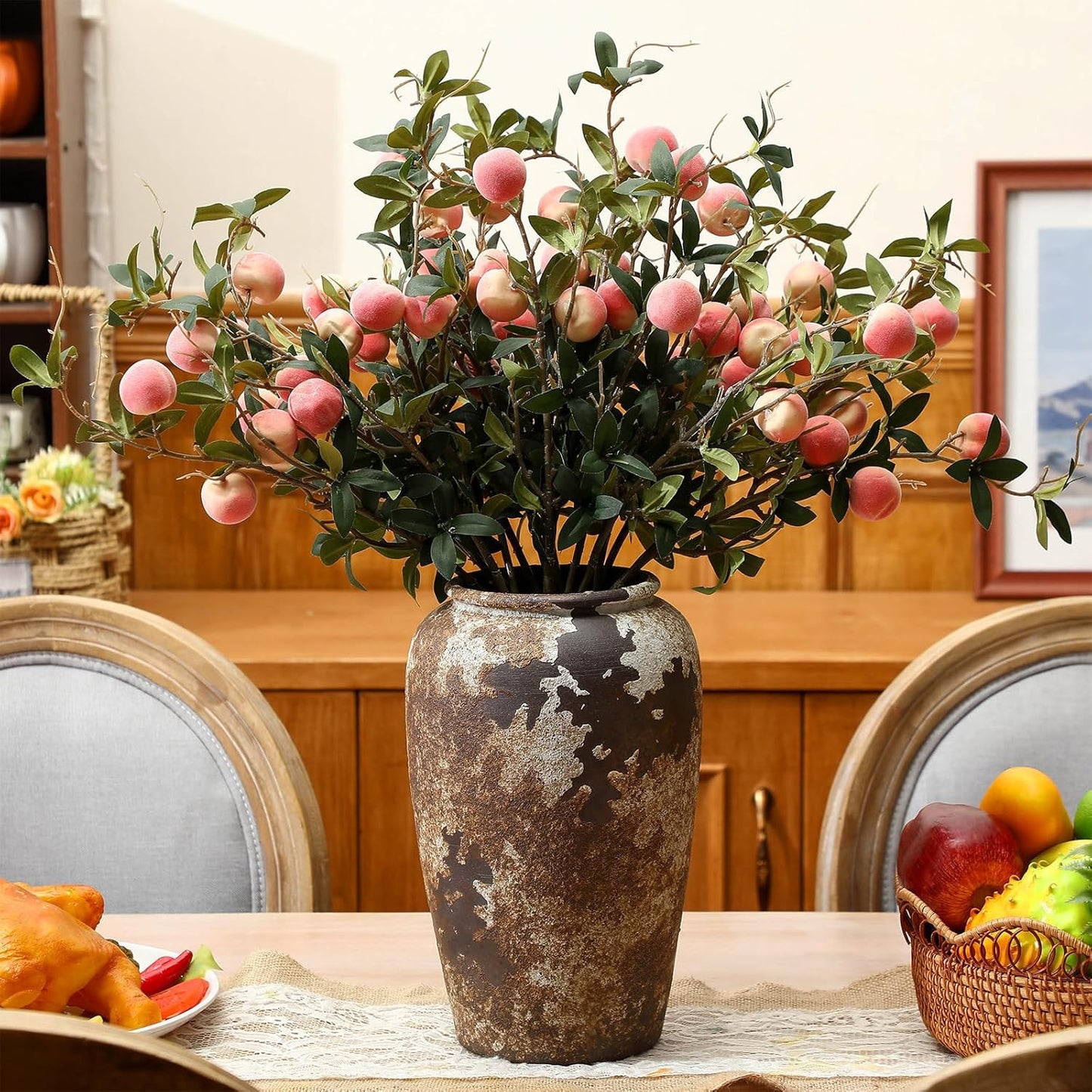 10 Pcs Artificial Peach Branches Realistic Artificial Peach Fruits with Green Leaves Simulation Branches Decoration for Vase Home Party Decoration (3 Peaches,27.56 Inch)