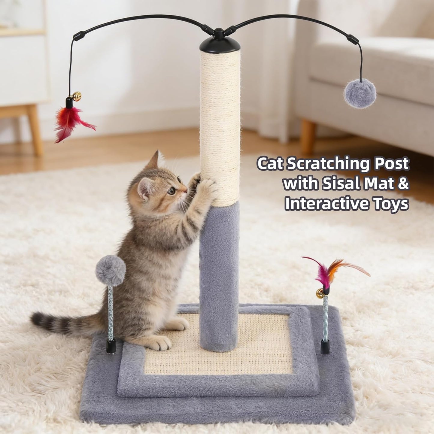 Cactus Cat Scratching Post with Sisal Rope, Small Cat Tree with Dangling Balls & Feather for Kittens (Green, 22.8'')