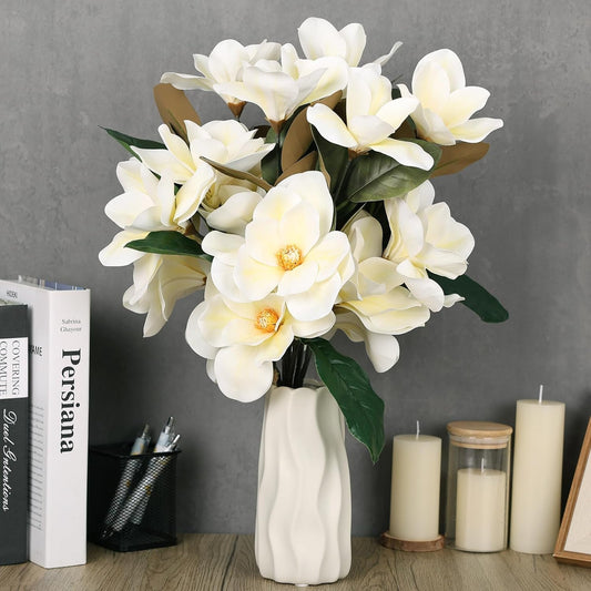 6 Pcs Artificial Magnolia Flowers Stems White Magnolia Long Stem Flower Faux Creamy Grandiflora Buds with Green Leaves for Tall Vase Realistic Table Centerpiece Indoor Decoration