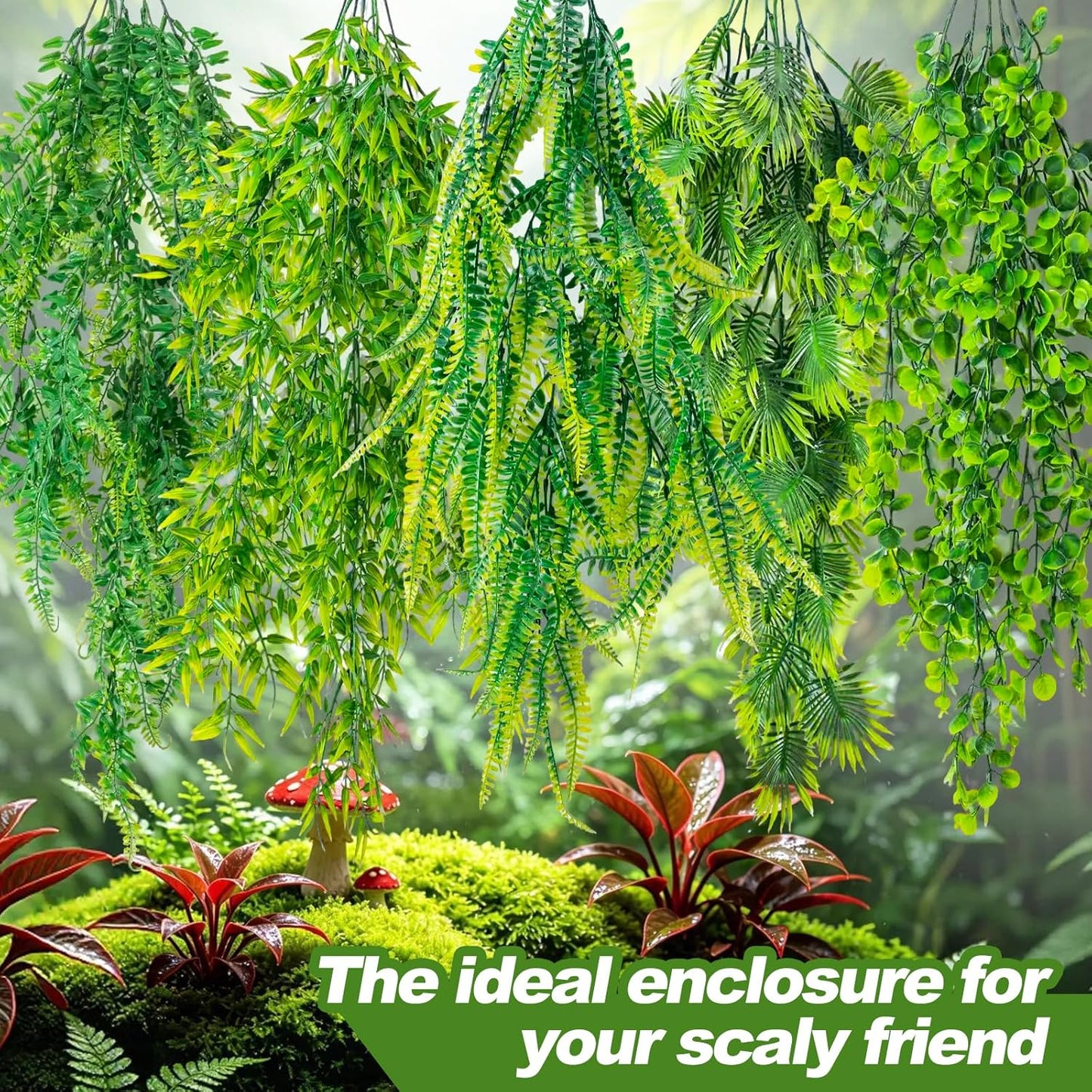 CousDUoBe 10 Pcs Reptile Plants Decorations,Terrarium Hanging Plants Vines Artificial Leaves Habitat Decorations with Suction Cup for Bearded Dragon Hermit Crab Lizard Snake Geckos Chameleon