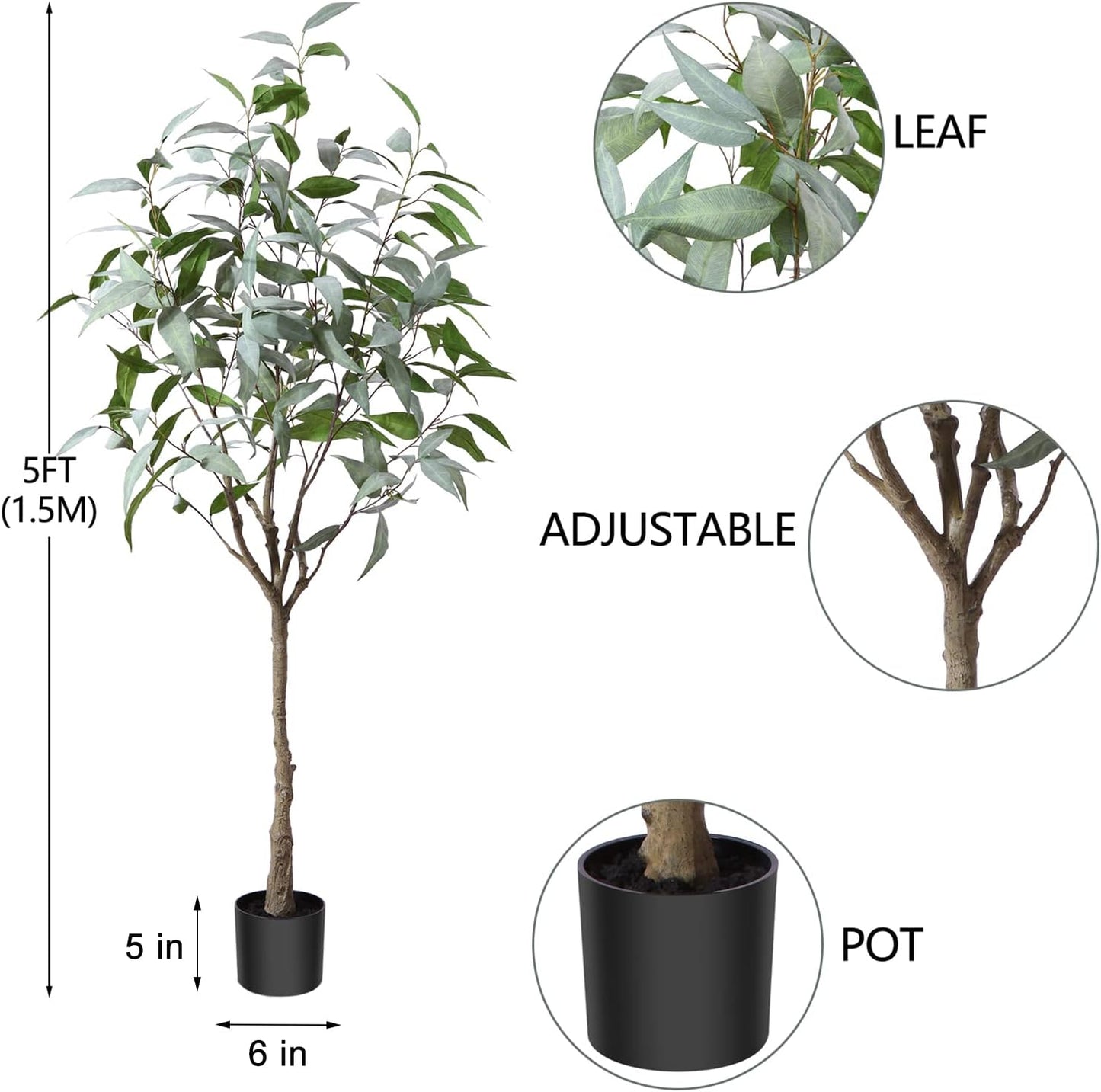 Artificial Eucalyptus Tree 5FT Tall Fake Eucalyptus Plants Large Faux Trees Artificial Silk Plants for Home Decor Indoor Outdoor Office Gift Ornaments, Set of 1