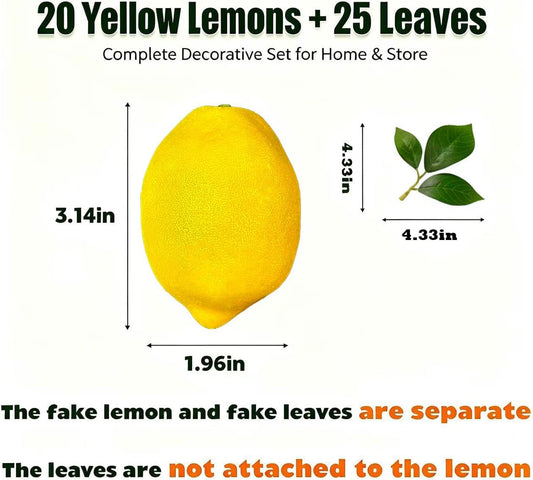20Pcs Fake Lemons Artificial Fruits with 25 Leaves Faux Yellow Lifelike Plastic Lemon Decorations Realistic Limes Fruit Decor for Home Kitchen Table Cabinet Holiday Party Photography Props
