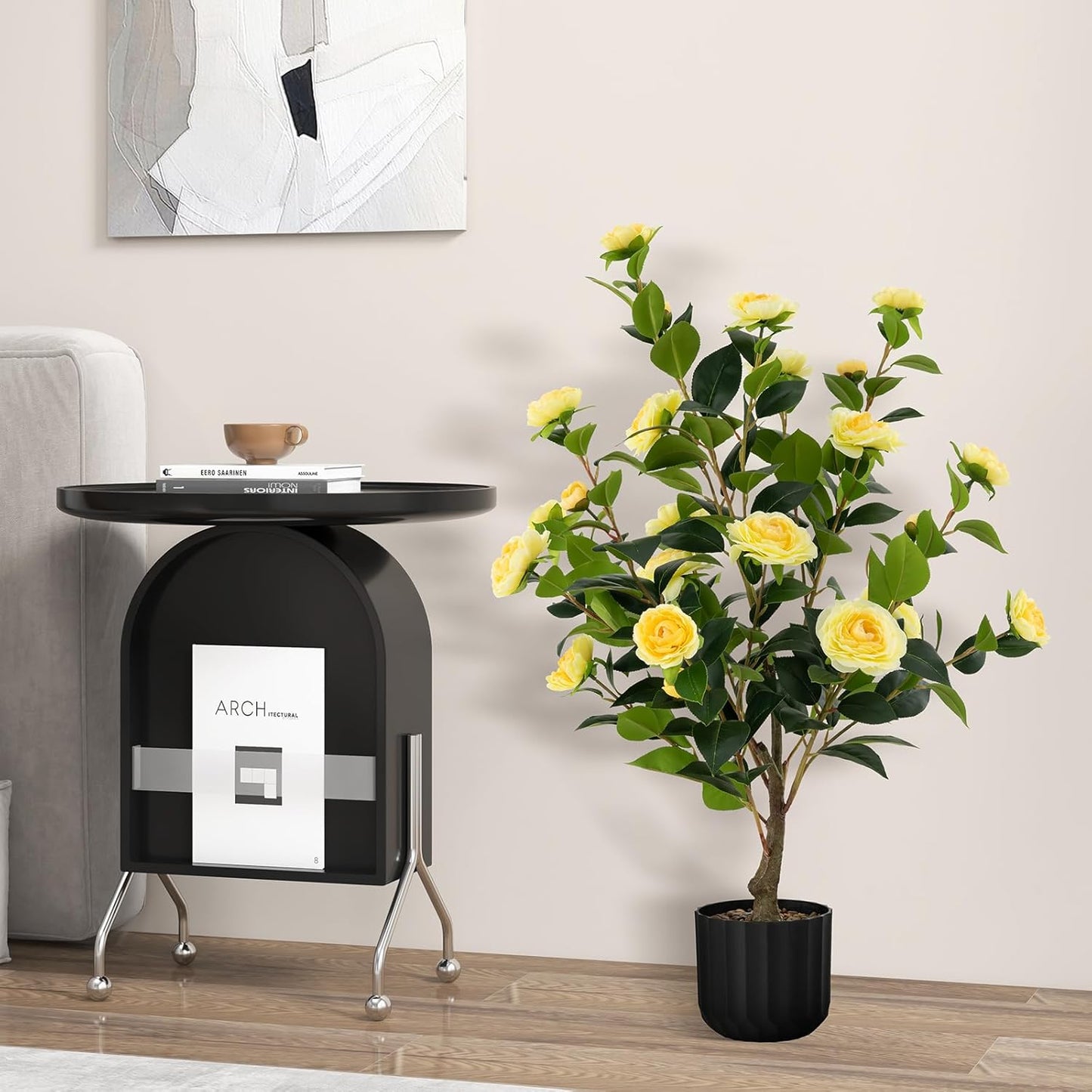 3.3 FT Artificial Camellia Tree, Faux Camellia Plant in Pot with 37 Flowers, Natural Trunk, Rain Flower Pebbles, Greenery Decorative Camellia Tree for Home, Shop & Office, Orange