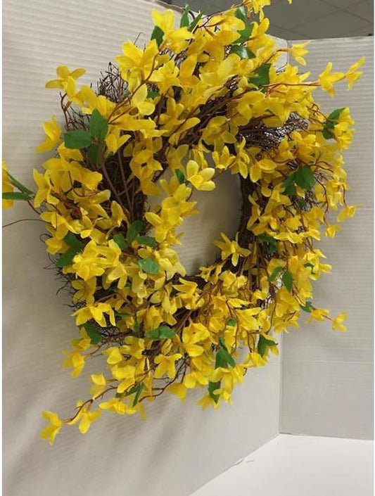 Artificial Forsythia Wreath for Front Door, Large 16 Inch Faux Spring Summer Flower Wreath for Outdoor Wall Window Farmhouse Decor, All Year Round Yellow
