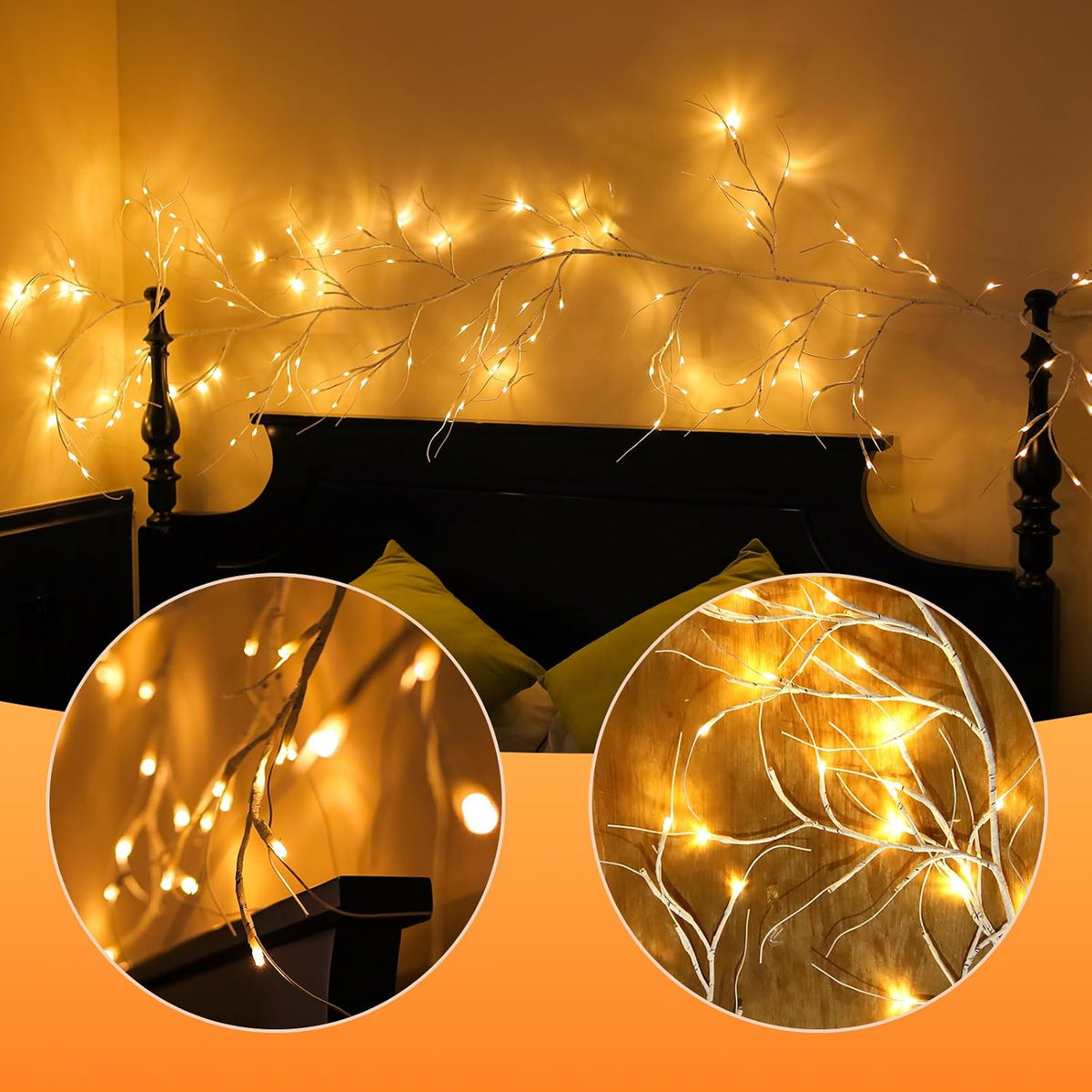 Lighted Birch Garland with Timer 120 LED, 9FT Birch Garland with Lights Remote Control, Pre-lit Twig Vine Lights Plug in for Christmas Fireplace Home Wall Decoration Indoor Outdoor