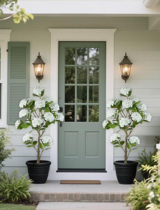 5ft White Hydrangea Artificial Trees for Front Porch Planters | With Pot, Pet Friendly, Real Touch Hydrangeas Flower Tree Plant for Outdoor, Home, Patio, Entrance, Indoor Decor, Easy to Use