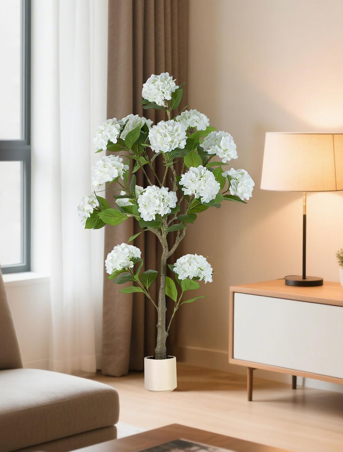 5ft White Hydrangea Artificial Trees for Front Porch Planters | With Pot, Pet Friendly, Real Touch Hydrangeas Flower Tree Plant for Outdoor, Home, Patio, Entrance, Indoor Decor, Easy to Use