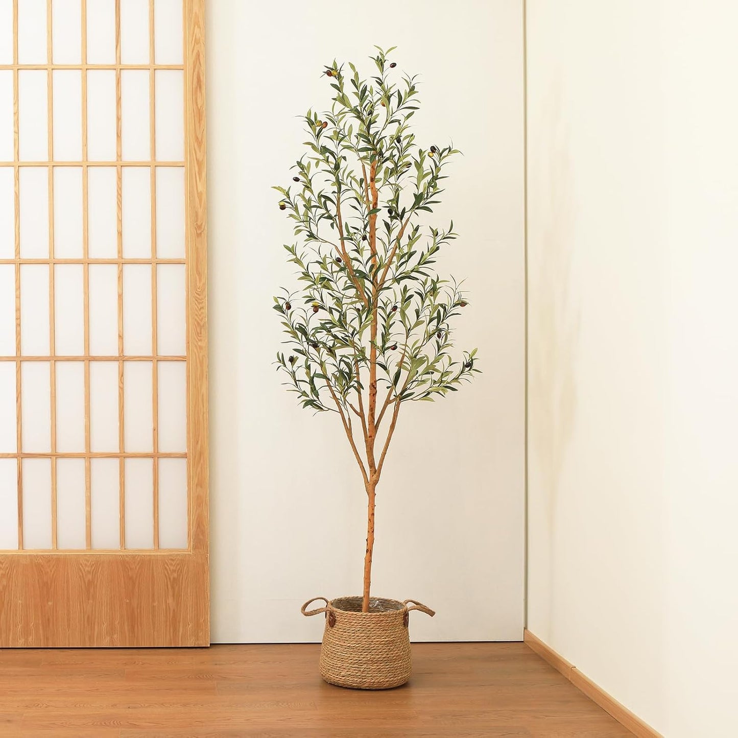 6FT Artificial Olive Tree, Real Wood Trunk & Silk Leaves | 800 realistic leaves, 33 olives, adjustable branches and weighted black pot for living room, entryway or office decor
