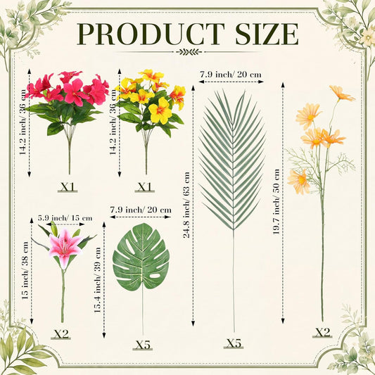 16 Pcs Artificial Tropical Bouquet, Artificial Lilies, Azaleas, Daisies, Monstera, and Palm Leaves, Tropical Flowers Centerpieces for Tables Vase Hawaiian Party Home Wedding