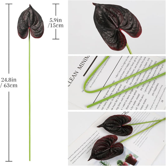 8PCS Burgundy Faux Anthurium Flowers 24.8’’ Real Touch Flowers Long Stem Artificial Anthurium for Vase Table Centerpiece Home Wedding Party Garden Spring Decoration(Burgundy)