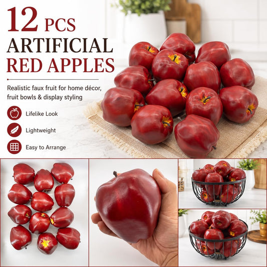 12 Pcs Artificial Red Apples Fake Fruit Faux Apples Realistic Fruits for Home Kitchen Table Fruit Bowl Home Decor Photography Props