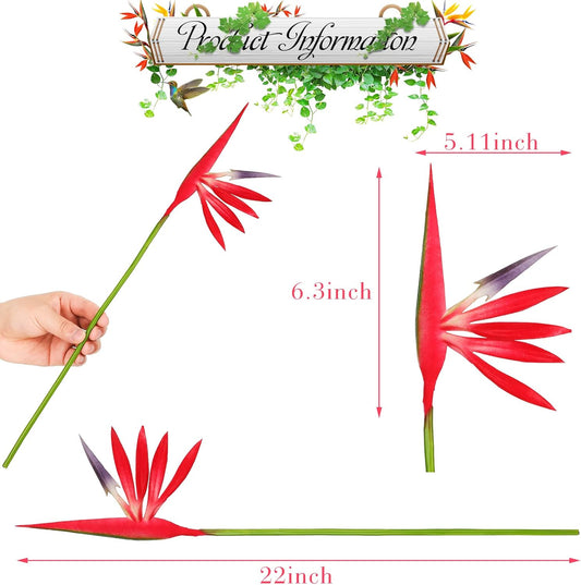 10 Pieces Bird of Paradise Artificial Plant 22 Inch Hawaiian Tropical Flowers Faux Flowers Bouquet Large Elegant Green Plant for Home Garden Decoration Office Wedding Decor Supplies (Red)