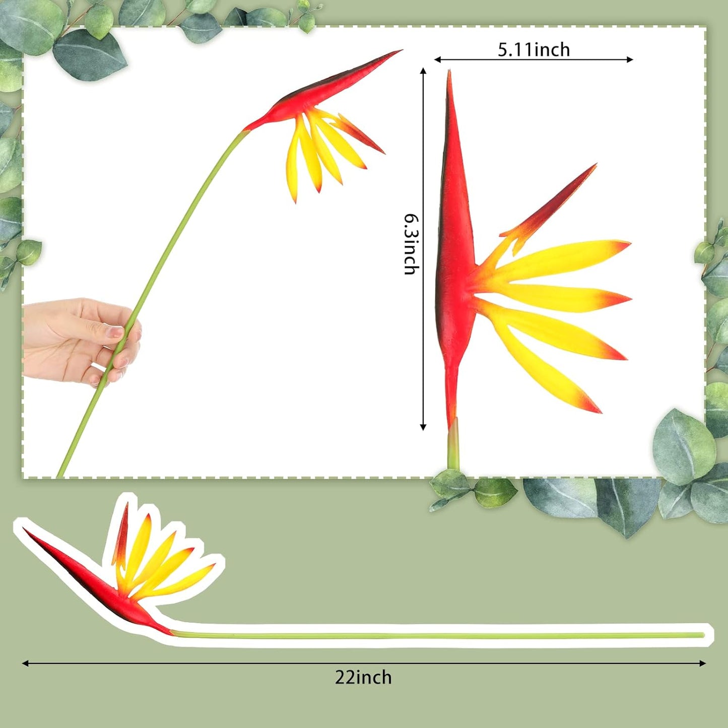 10 Pieces Bird of Paradise Artificial Plant 22 Inch Hawaiian Tropical Flowers Faux Flowers Bouquet Large Elegant Green Plant for Home Garden Decoration Office Wedding Decor Supplies (Red)