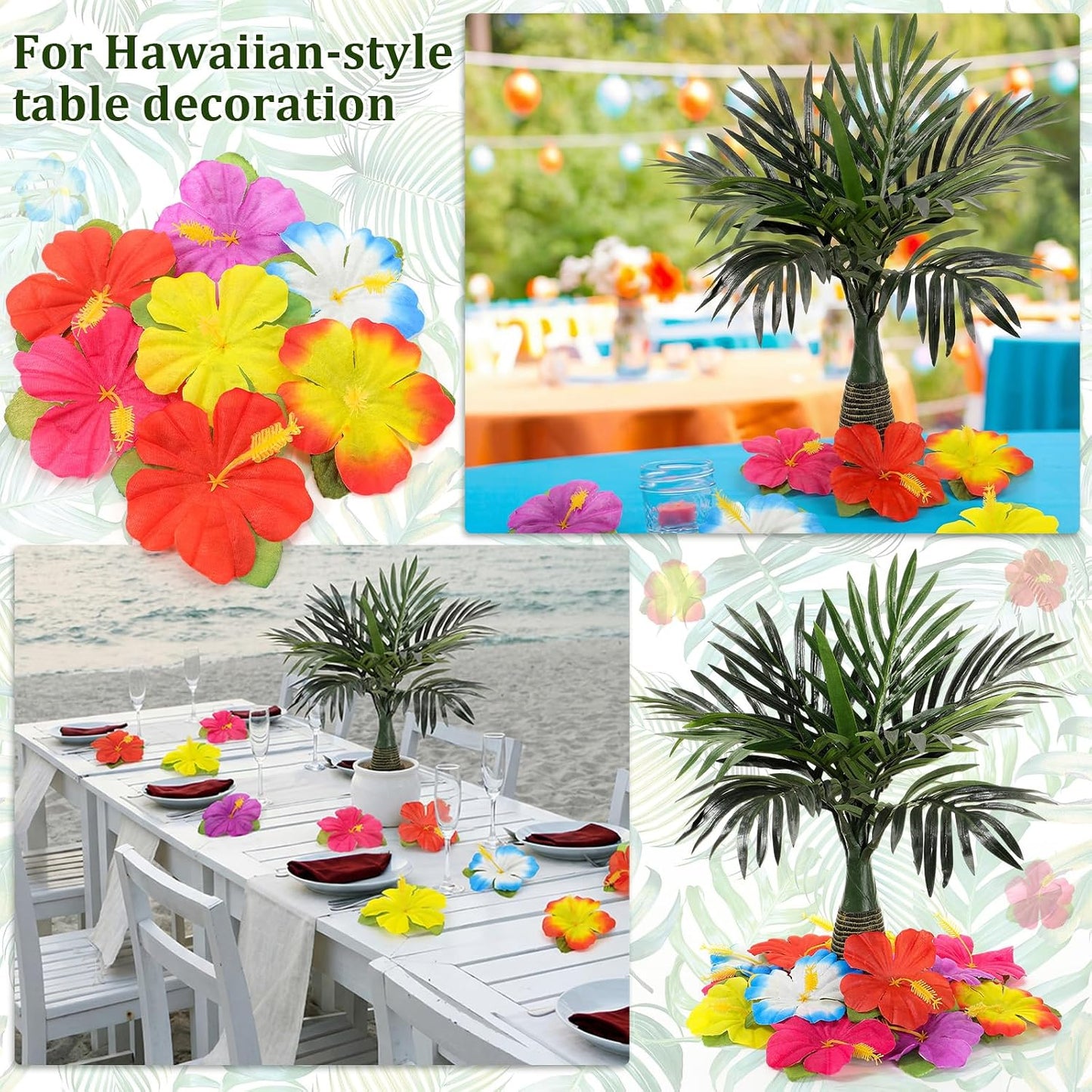 52 Pcs Hawaiian Party Flower Centerpieces for Table Include 2 Artificial Palm Tree and 50 Hawaiian Hibiscus Flowers Tropical Faux Flowers Party Decorations Supplies for Hawaii Luau Theme Decor