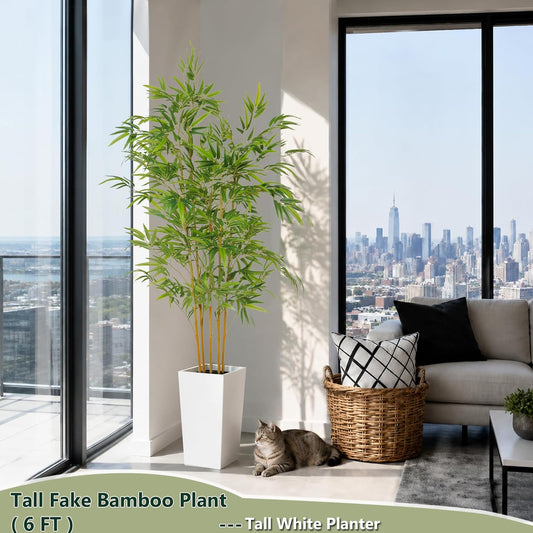 6 FT Artificial Bamboo Tree | White tall planter, realistic dense and adjustable bamboo leaves, faux greenery for home indoor outdoor patio decor