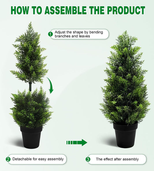 Two 2FT Artificial Cedar Trees, Beautiful and Realistic Fake Potted Trees,Artificial Evergreen Front Porch Decorations Plants, Suitable for Indoor, Office, Living Room and Room Decoration