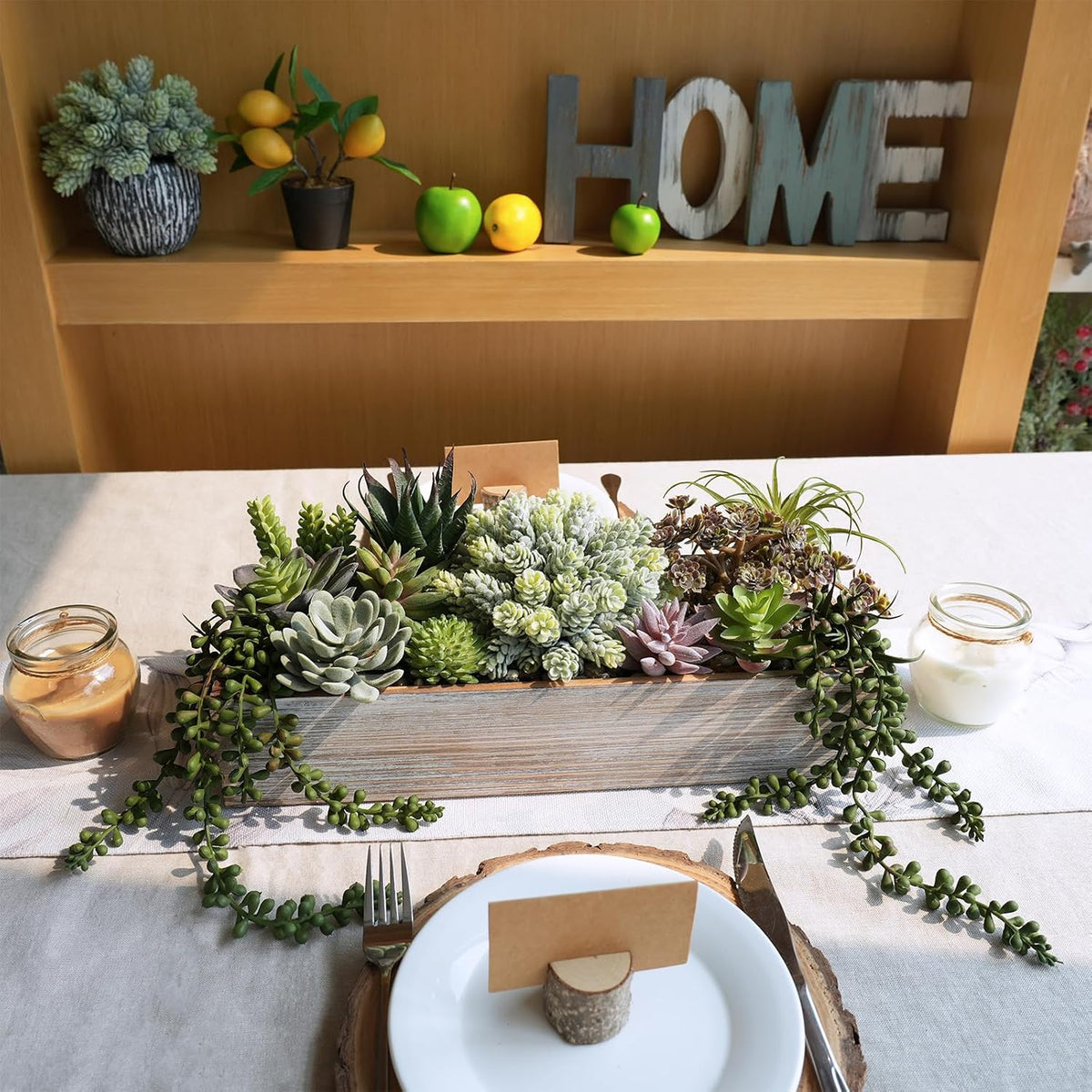 15" Artificial Succulents Arrangement Faux Succulents in Rectangular Black Wooden Planter Box Faux Potted Succulents Plant Garden for Gifts Home Table Centerpiece Mantel Greenery Décor