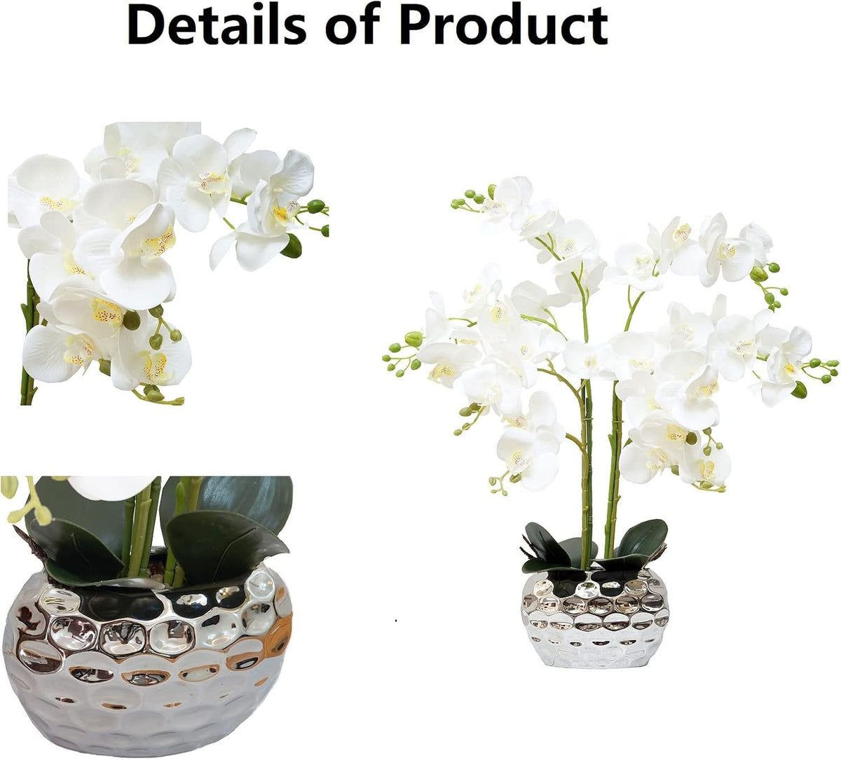 Orchid Artificial Flowers for Home Decor, Faux Orchids with Silver Vase Phalaenopsis Fake Flowers Real Touch Flowers Plants White Orquideas Arrangements in Pot Table Centerpiece Decoration