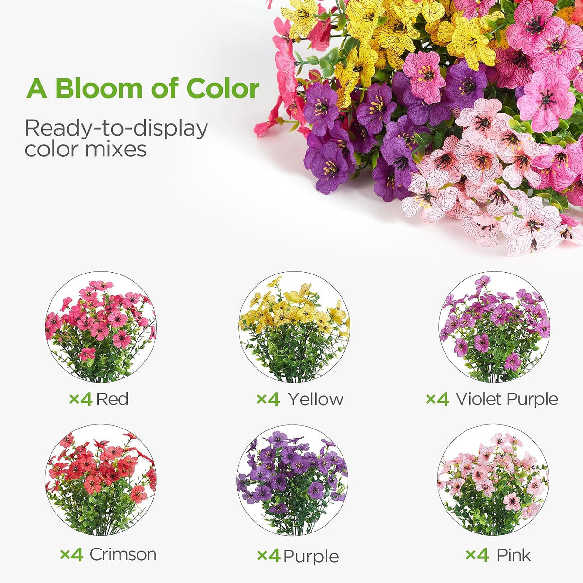 Artificial Flowers for Outdoors Fake Silk Faux Plant 4 Hues 12 Pcs
