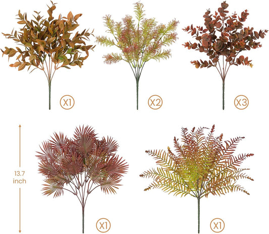 Outdoor Faux Plants UV Resistant Fake Greenery for Outside Planter | 12 Bouquet Realistic Artificial Eucalyptus Fern Lavender Spider Vanilla Patio Garden Front Door Porch Yard Home Decor