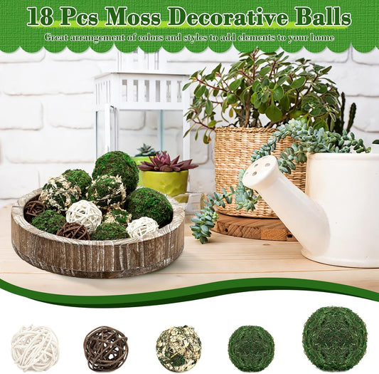 24 Pcs Decorative Moss Balls for Centerpiece Bowls - Assorted Sizes Fake Moss Balls+Wicker Rattan Balls+Flower Balls, Artificial Greenery Vase Fillers for Home Garden Farmhouse Rustic Decor