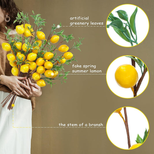 10 Pieces Artificial Lemon Branches 23.62 Inches Artificial Fruit Lemon Tree Greenery Stems Decoration Yellow Faux Picks for Vase Farmhouse Kitchen Home Table Decor Home Summer Spring Decor