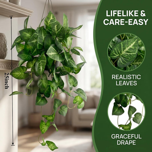 Artificial Pothos Hanging Plant, 25" Set of 2 Faux Ivy Vines with Pots