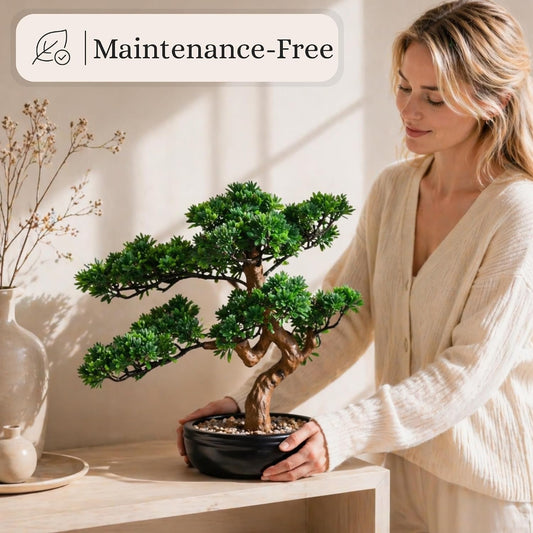 Artificial Bonsai Tree 16" Tall with Realistic Wood and Ceramic Pot, Fake Plants for Home, Bedroom and Office Desk, Japanese Decor