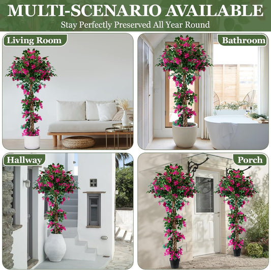 5FT Tall Bougainvillea Artificial Tree for Outdoors or Indoors, Faux Tree Realistic Wood with Flowers in Plastic Pot Front Porch Plants, Home, Office, Living Room