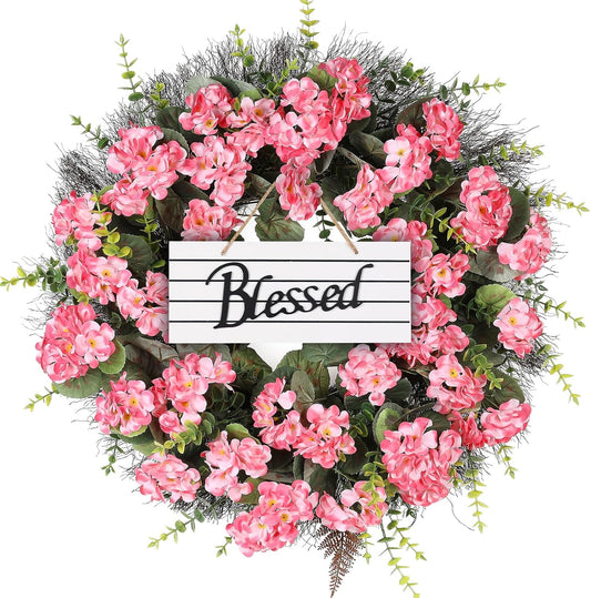 Spring Summer Wreaths for Front Door 24 Inch Pink Artificial Geranium Wreath with Blessed Hanging Sign for Indoor and Outdoor Decor