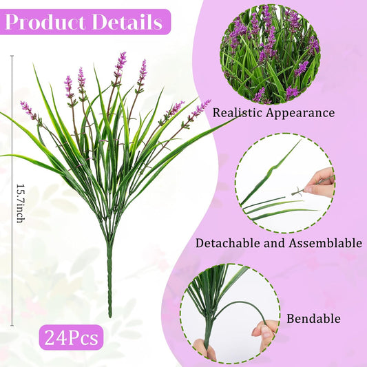 24 Pcs Artificial Plants Lavender Flowers for Outdoors, Purple | Faux lavender flowers with fake monkey grass, UV resistant, plastic plants, porch garden patio window home decor