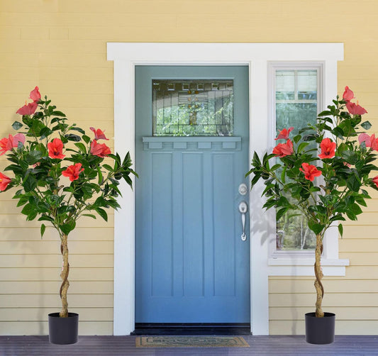 2 Pcs 4 Feet Hibiscus Artificial Tree with Red Hibiscus Flowers