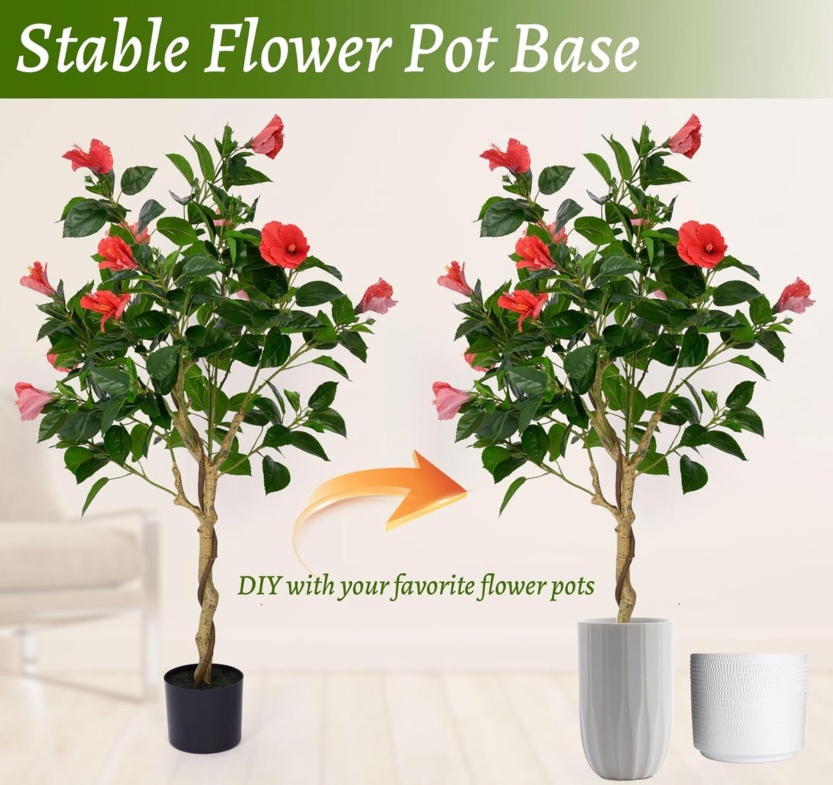 2 Pcs 4 Feet Hibiscus Artificial Tree with Red Hibiscus Flowers