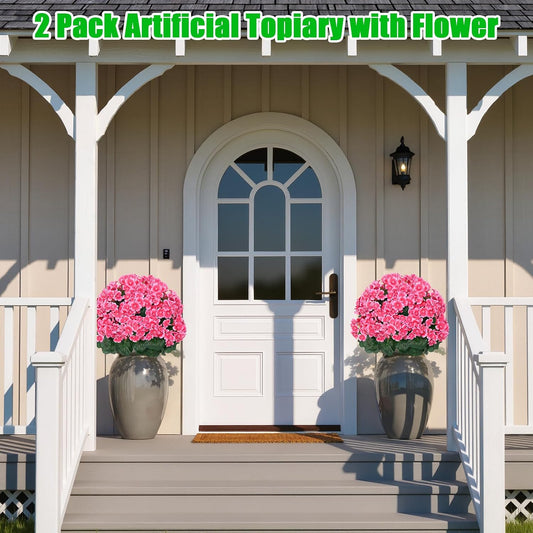 Yangrass 2Pack Artificial Topiary Pink Flower Bushes for Outdoor, 24" (2FT)