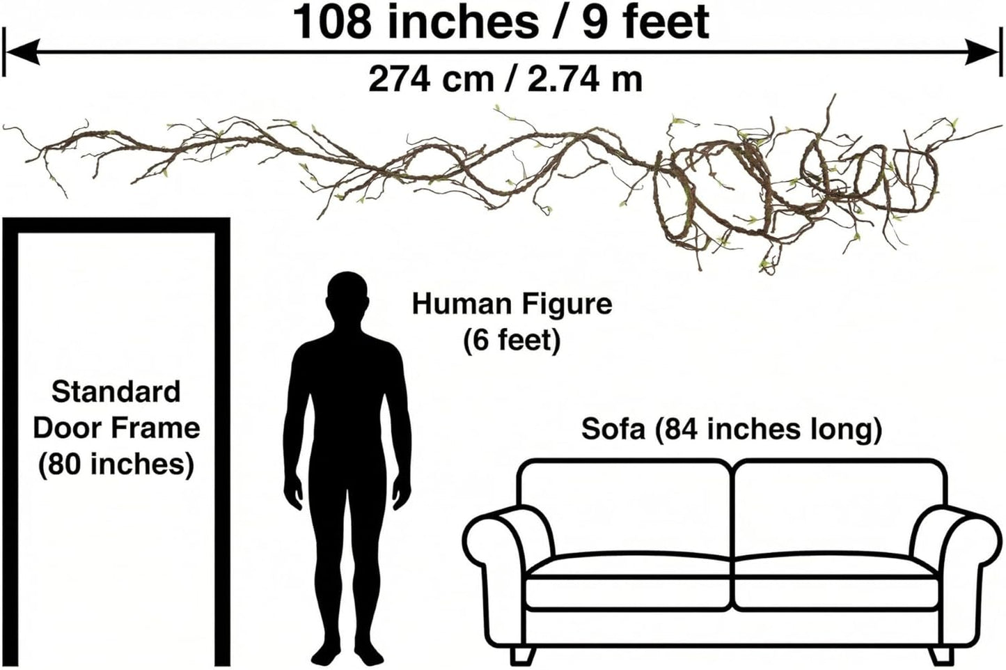 9FT Artificial Vine for Mantel Decor, Bendable Fake Tree Branches & Reptile Vines, Real Touch Faux Twigs with Green Buds for Spring Décor